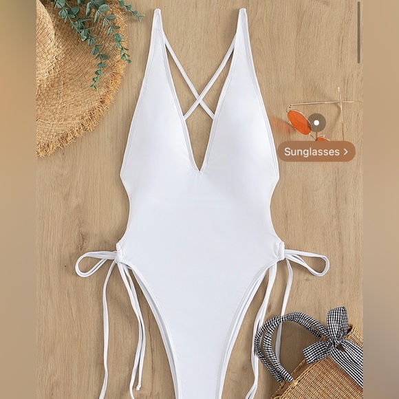 WHITE STRAPPY ONE PIECE BATHING SUIT WITH OPEN BACK + PADDED - NWT - Picture 1 of 6